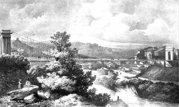 CALAME, Alexandre (1810-1864): - Vue du pont de fil de fer de Fribourg prise de la nouvelle route de Berne. Longueur (sic.) 900. Largeur 22 et lvation 160 pieds de Berne. Dessine d'aprs nature et lith. par A. Calame,