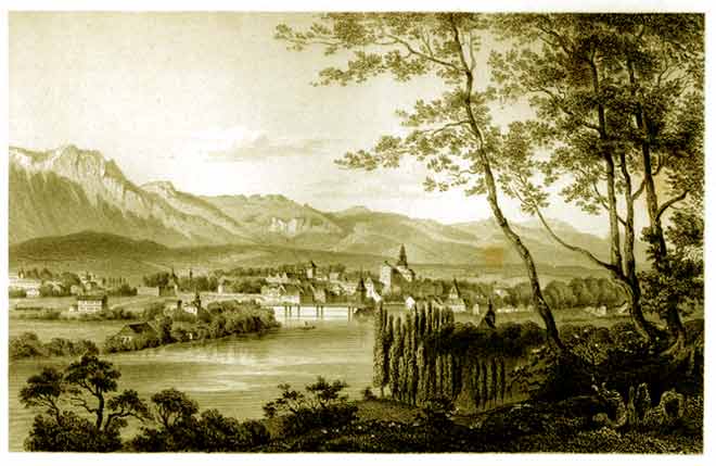 Rohbock, L. - Solothurn-Totalansicht. L. Rohbock del., Fr. Hablitscheck sculp. Gravure, Blatt 17.7x24.9 cm. Druck & Verlag von G.G.Lange in Darmstadt.