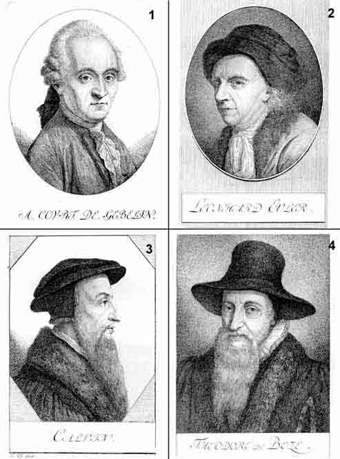 PFENNINGER, Heinrich: - Portraits sur 1 feuille : Nr.1: A. Court de Gebelin / Nr.2: Leonhard Euler / Nr.3: Calvin / Nr.4: Theodore de Beze