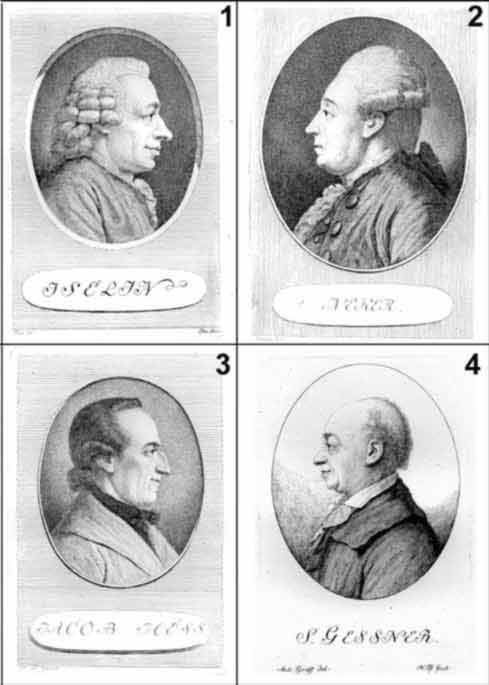 PFENNINGER, Heinrich: - Portraits sur 1 feuille Nr.1: Iselin / Nr.2: Neker / Nr.3: Jacob Hess / Nr.4: S. Gessner