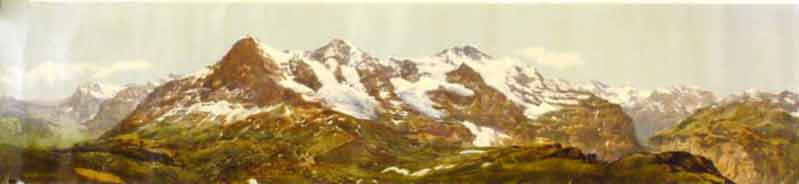 - Panorama, Wengeralpen im Berner Oberland: Jungfrau, Eiger, Mnch. Farbfotografie um 1920. 18.3x83.8 cm.
