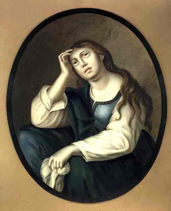 Magdalena / Sainte Madeleine, - Heilige Magdalena, Hand Kolorierte Lithographie im Oval, auf unterlage Karton.