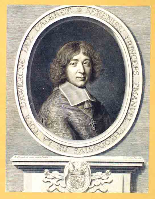 Nanteuil, R. - NANTEUIL, Robert (1678-1623 - Ec. Fr.): Sereniss Princeps Emanuel Theodosius de la Tour d`Awergne Dux d`Albret. Gravures sur cuivre (rogn) / Kupferstich 26.5.6x34.4 cm coll sur carton 43.5x57.5 cm. Avec le privileg de 1668. (Benezit vol. 7)