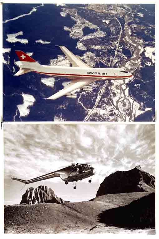  - Swissair & Swiss Militr Flugzeuge. Sammlung von ca. 15 Original Fotos. (Swissair: 3 Stck 27.5x35 cm farbig + 3 kleinere,  Militr:  21x29 cm, 8 St. 18x24 cm, 1 St. DC-3 (ber Zrichsee 1945 )13x18 cm + 3 Diagrammtafeln 30x42 cm.