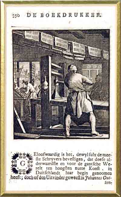  - De Boekdrukker (der Buchdrucker), l'imprimeur. gravure sur cuivre hollandais du XVII ou XVIII, feuille 10.2x16 /passepartout 24x30 cm