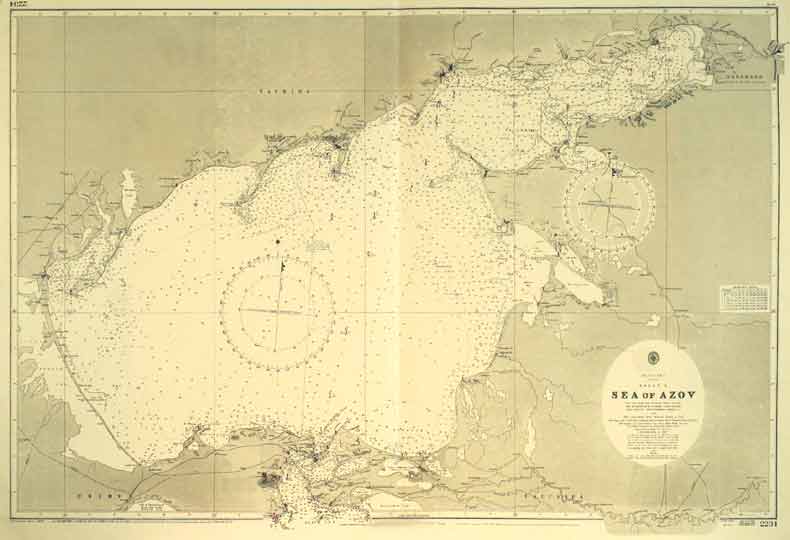  - Sea of Azov the Land from the Russian Chart of 1834 with corrections from Russian Charts to 1912. (1:422 000). London, Published at the Admirality . Sheet 70x103 cm. copyright 1957