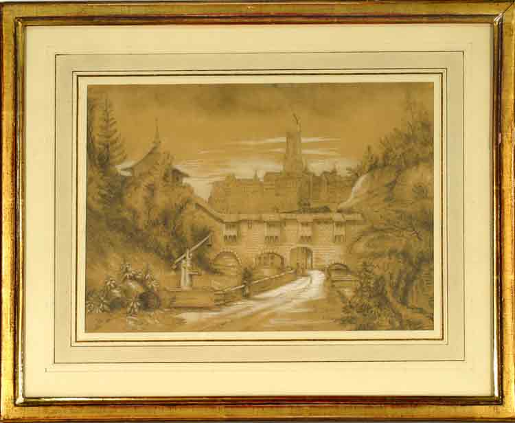  - Vgelisegg a/R. Anonymer Holzstich leicht koloriert. Ansicht mit Gebude und Seelandschaft im Hintergrund. o.J. um 1890. 15.5x18.5 cm. bereck vergoldetem Rahmen.