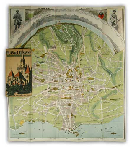  - Lausanne.- Carte gogr. de la ville et panorama du Signal. Carte gogr. index, lithographie dans brochure orig. illustre.