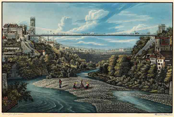 HAUSHEER d'aprs Oppermann, - Vue du grand pont en fil de fer  Frybourg en Suisse.