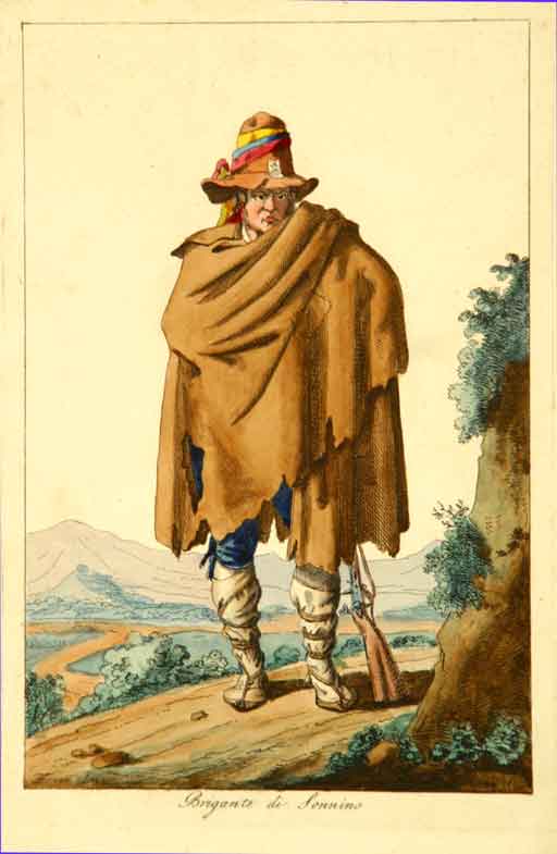  - Brigante di Sonnino. Gravure mise en couleurs par Farrari Jos. Rome,1825. Image et marge 25 x 18 cm. Portrait d'un des brigands de Gasbarrone qui ont terroris la population durant le 19me sicle.