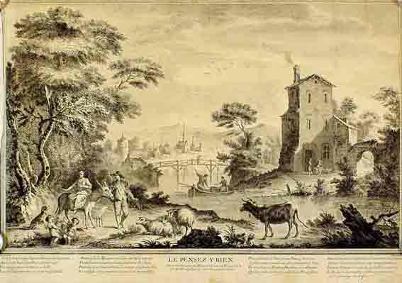 Baguoy, B., - Gravure sur cuivre du XVIII sicle, Benard inv. Baquoy sculp: Le pensez y bien  Paris chez Francois, rue Basse des Ursins au Triangle d`Or. Et chz Basset l`Ain, rue Saint Jacgues  la Comete. (Manuscrit: Avec privilege du Roi). Bords coups  la ligne extrieur de la gravure. 
