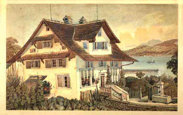  - Une maison au Lac de Zurich (?). Original Aquarell.  Haus am Zrichsee (?). Aquarelle.  Bild: 19x30 cm, im goldenen Rahmen 34x44 cm. 