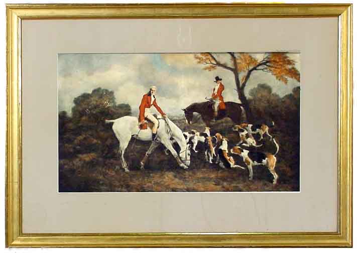  - Jagdscene / Scene de chasse / Hunting with horses and dogs.  Colourprint after an original by  E. Thony (Pinx). Verlag Hurnaus & Dietl AG Munich.  Bild 30x52 cm, Gold-Rahmen 53.5x75 cm