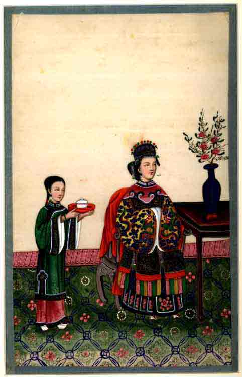  - Reispapier-Bild China um 1830  20.3x32.5 cm, Blatt 35x50 cm Sous passe-partout. Handpainted on so called ricepaper, china.
