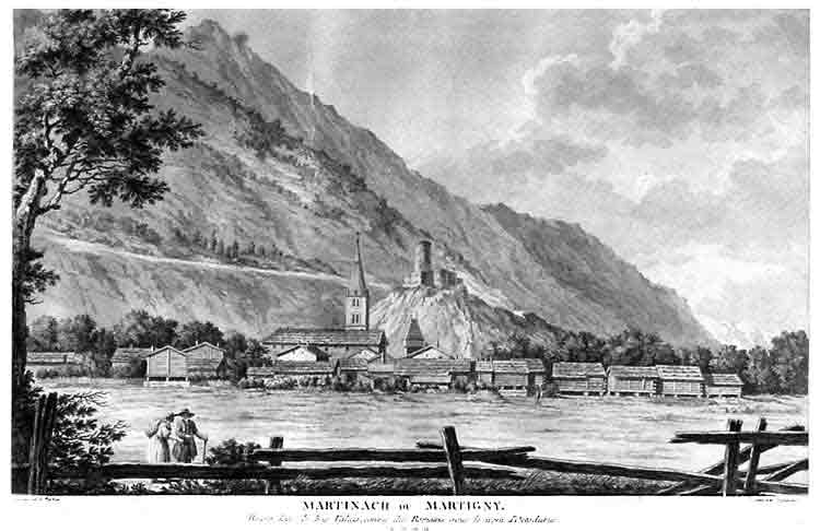 Barbier - Vue du Martinach ou Martigny. Bourg dans le bas Valais, connu des Romains sous le nom d`Octodurus. Canton de Valais en Suisse