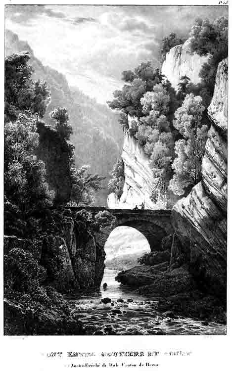 VILLENEUVE. - lith. par C. Engelmann, - Vue du Pont entre Moutiers et Court. (Ancien Evch de Bale.) Canton de Berne en Suisse.