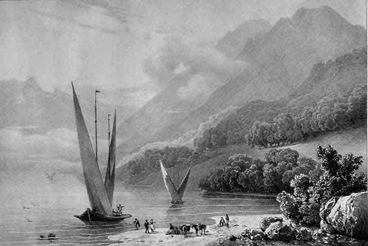 Villeneuve - Lithographie. Vue de Lac de Geneve avec barque, prs St. Gengolph. Auteur Villeneuve grav par Engelmann, Fig. par V.Adam. Image: 19.2x28.5 cm, Feuille 30.4x47 cm ,sous passepartout.