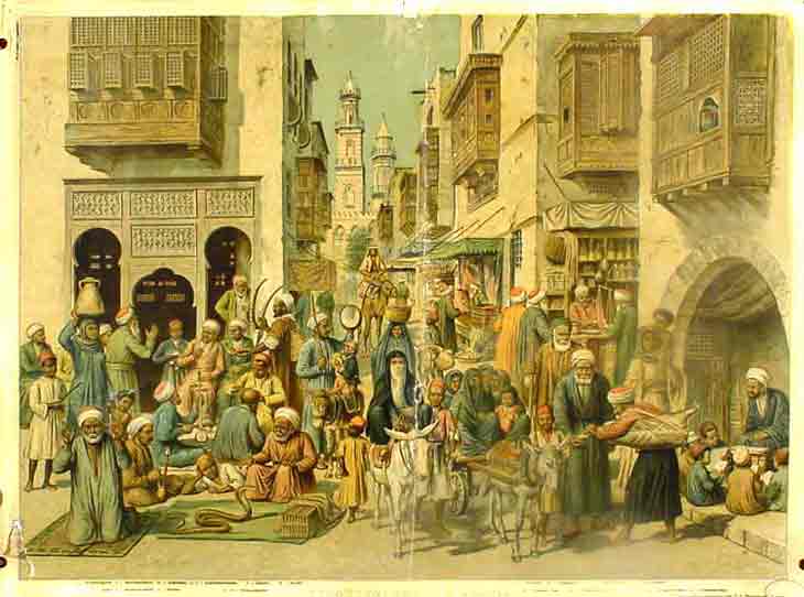  - Schulbild. Strassenleben in Kairo. Nach einem Original von Lehmann .  Links oben und unten gerissen sowie oben in der Mitte.
