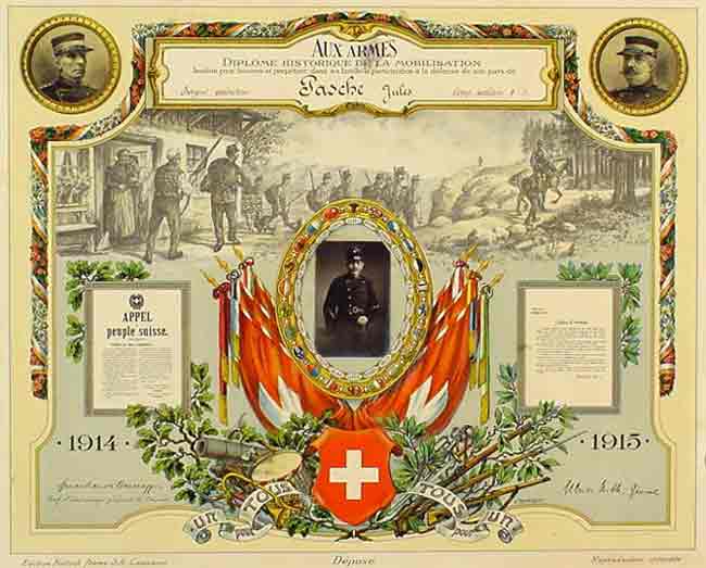 Rasmussen, V. - Diplome historique de la mobilisation 1914-15. Aux Armes,  Sergent conducteur Pasche Jules, Comp.sanitaire II-I.