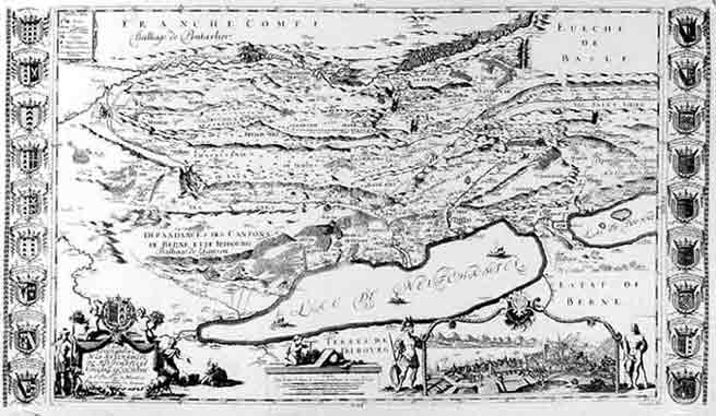 Merveilleux de, Dav. Fran. - Carte geographique de la souverainet de Neuchatel et Vallangin en Suisse, par le Sr. Dav. Fran. de Merueilleux en 1694. Fac-simil 1991. Image 58x99.5 cm.