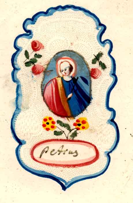  - Image pieuse, ajoure et colorie 19me sicle / Holy card /Andachtsbildchen. 'Petrus'. Image 8.7x13.5 cm. 