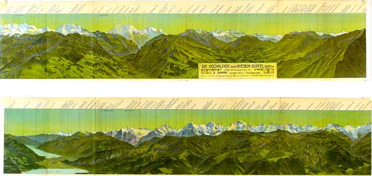 Simon, S - Panorama : Der Niesen (2367 m.) und die Berner Hochalpen. Aufgenommen & graviert von S. Simon Ing. Topograph. Druck Hubacher AG Bern. o.J. Farbig. (nur Foto geteilt in 2 Einzelbilder).