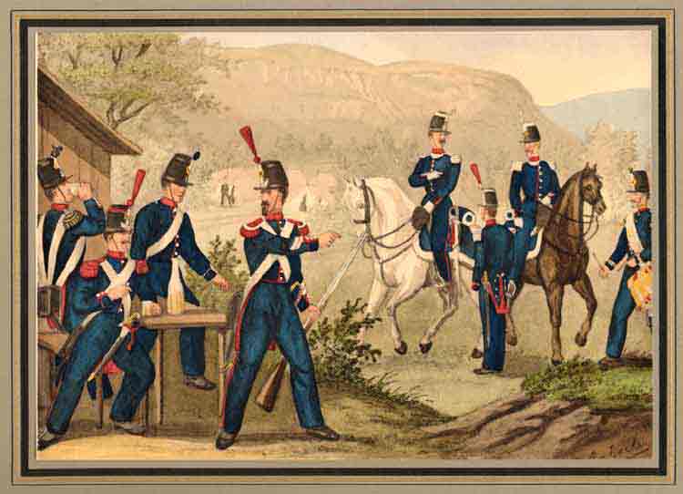 Escher, A.v. - ESCHER, A. v.: Diverses planches militaires en couleurs. 1937-39.  1) Infanterie - Genve 1848. / 2) Infanterie - Genve 1818. / 3) Carabiniers - Genve 1847-48.