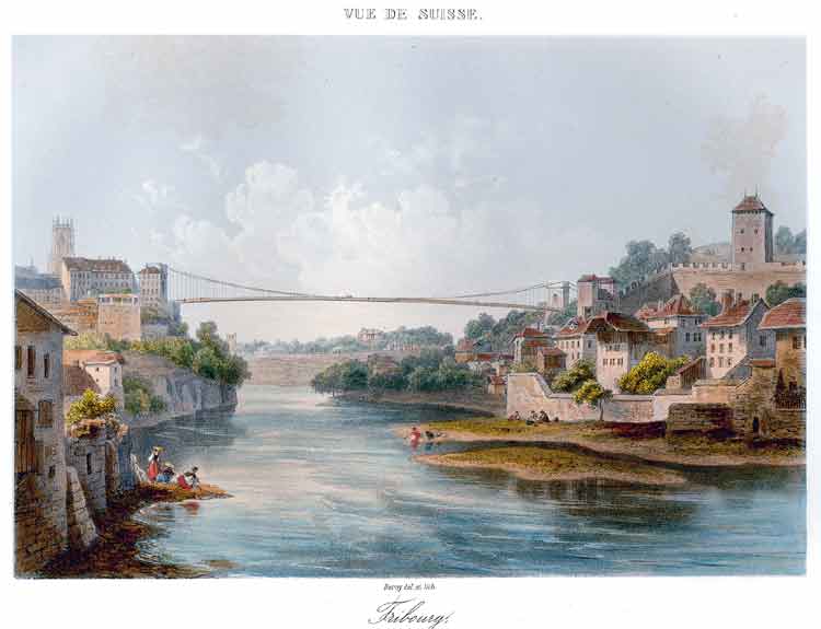 DEROY, - Fribourg. Vue du grand Pont par Deroy del et lith. Lithographie originale mise en couleurs.