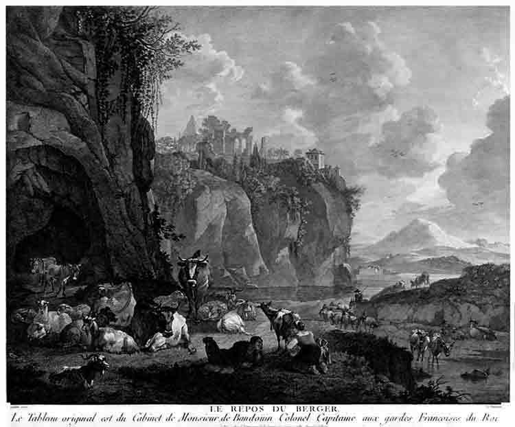 BERCHEM Claes: - Gravure originale sur cuivre d'aprs le tableau 'Le repos du berger' (1646) du peintre hollandais Claes Berchem (1620-1683), grave par Etienne Le Charpentier (1705-1764)