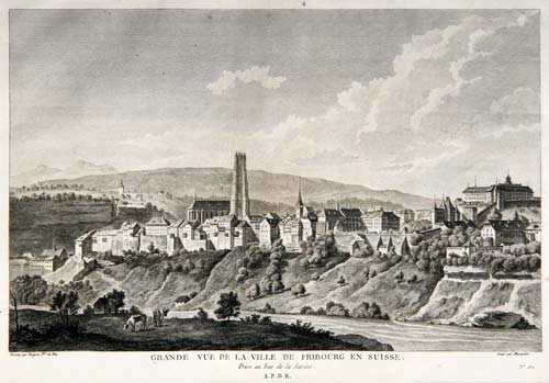 Perignon / Masquelier: - Fribourg. - Grande vue de la ville de Fribourg en Suisse. Prise au bas de la Sarine.