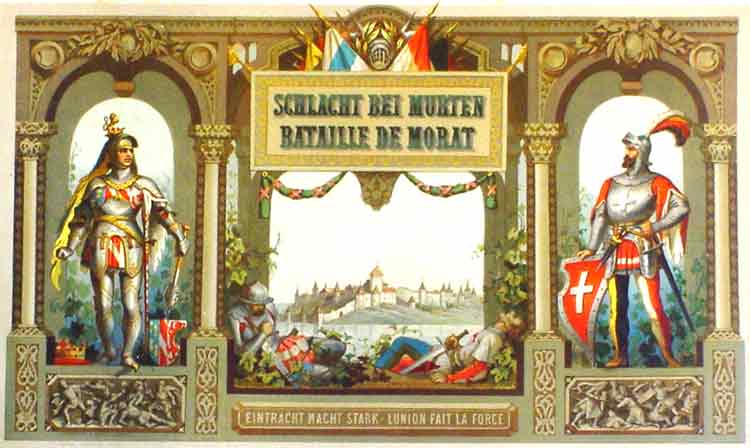  - Titelblatt mit Ansicht von Murten.  Aus: JAUSLIN, C. & ROUX, G.: Schlacht bei Murten. / Album du cortge historique, Chromolitho 1876.