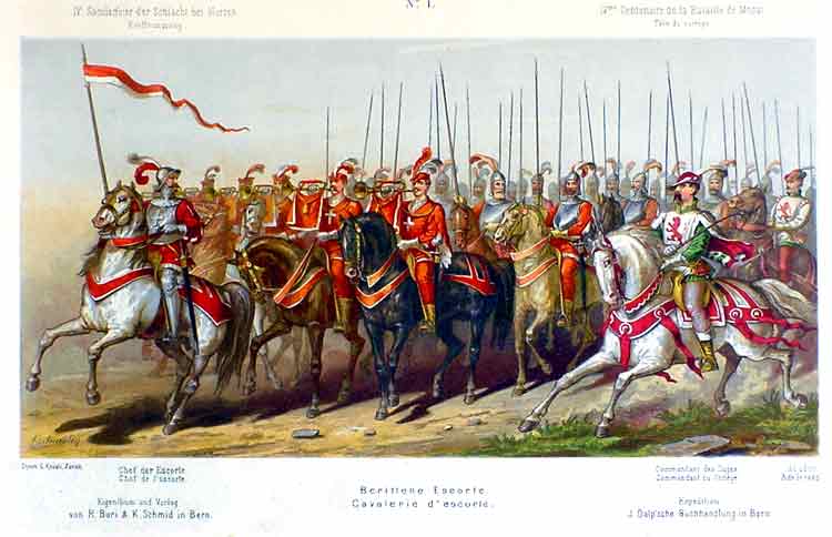  - Berittene Escorte / Cavalerie d'escorte.   Tafel / Planche 1. Aus: JAUSLIN, C. & ROUX, G.: Schlacht bei Murten. / Album du cortge historique, Chromolitho 1876.