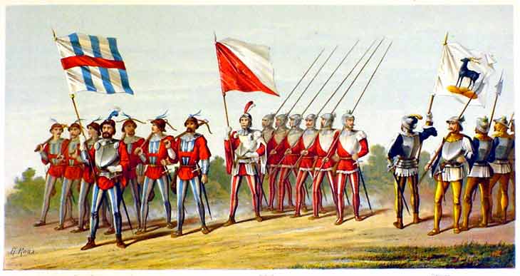  - Der Harst von Zrich VIII / Le contingent de Zrich VIII. Regensberg, Blach, Eglisau.  Tafel / Planche 25. Aus: JAUSLIN, C. & ROUX, G.: Schlacht bei Murten. / Album du cortge historique, Chromolitho 1876.