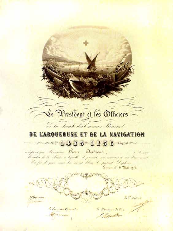  - Genve, Navigation, Barque sur le Lman. Diplme de Mr. Pierre Audoud comme membre de l'Arquebuse et de la Navigation.